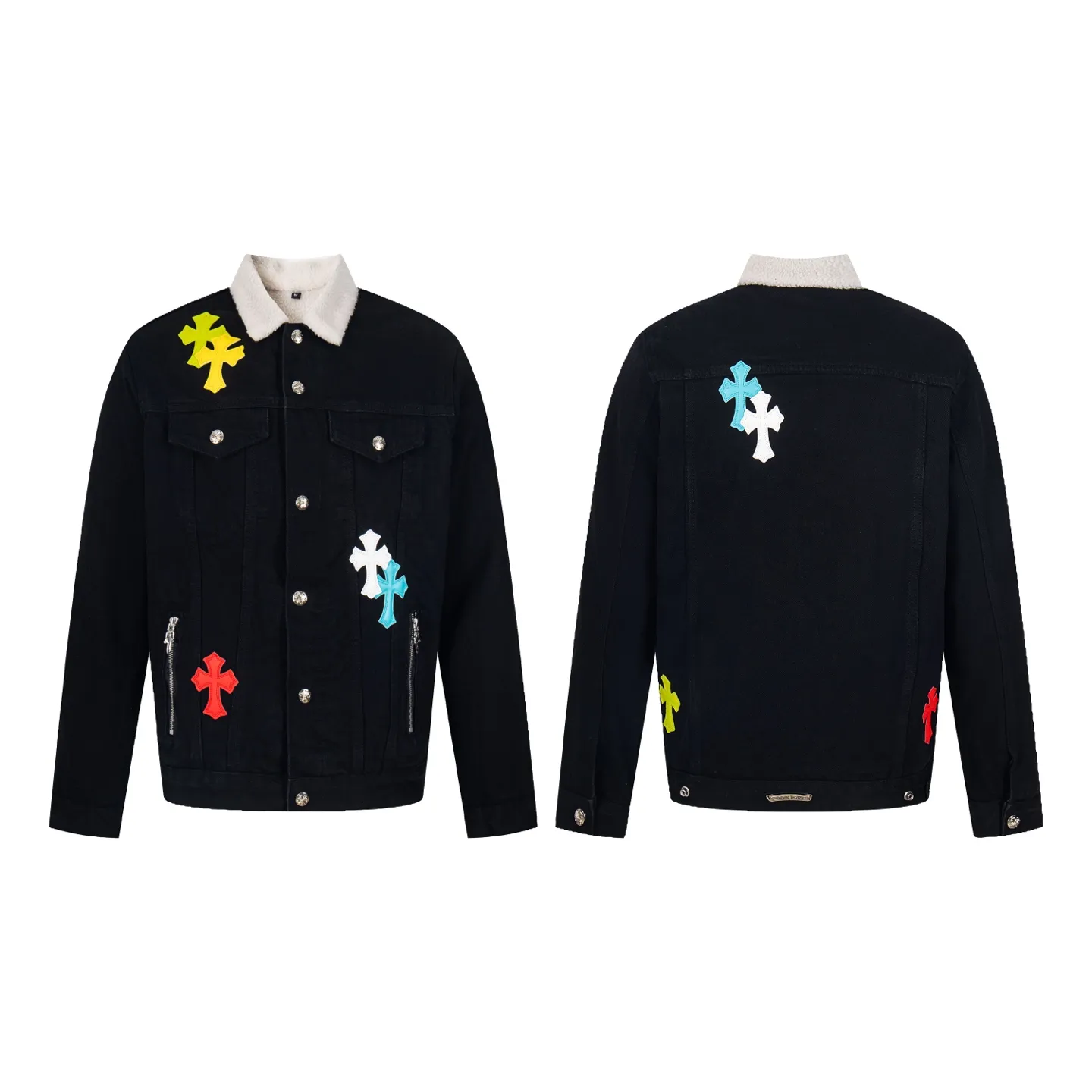 P360 version (lamb wool) Chrome Hearts Chrome Hearts colorful patchwork lamb fur collar jacket, the same style as the Internet celebrity star's cross-printed denim jacket, with unique cross design elements and full design sense. It is made of 100% denim cotton fabric with heavy coarse yarn count, which ensures a stiff and tough silhouette while being soft, comfortable and breathable. The lapel is designed with silver buttons and is full of texture. The classic white cross logo is all over the dress, making it a perfect versatile style for spring and summer! The original loose version is made of high-quality pure cotton fabrics. The fabric pattern is high-definition and delicate without burrs. It is comfortable and breathable to wear. All the buttons are molded and customized. It is casual and fashionable and can be matched with any bottoms. It can be windproof and sunproof in spring and summer. It can be worn outside in autumn and winter! Easily concave shape makes you look slimmer and taller, perfect for both men and women! Style number: 1838# Color: Black Size: S M L XL
